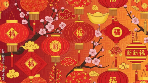 A vibrant vector graphic illustration of a Chinese New Year themed seamless pattern featuring red lanterns, cherry blossoms, and golden accents.