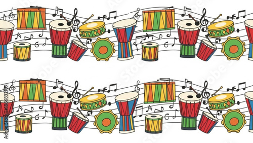 A colorful vector illustration of various drums and musical notes on a white background