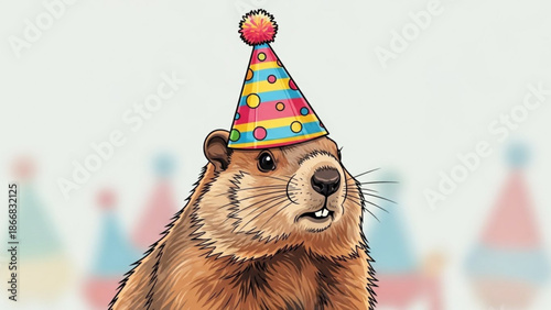 A colorful illustration of a groundhog wearing a party hat