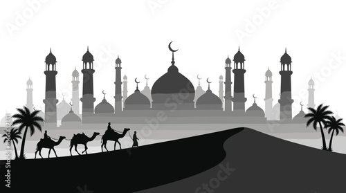 Eid Vibes Vector Illustration of Mosque Silhouette with Camel Caravan and Palm Trees in Desert Landscape for Islamic Holiday Background or Ramadan Kareem Banner Concept.