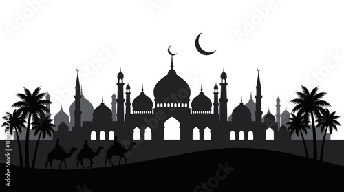 Islamic Holiday Eid Vibes Vector Illustration Featuring Black Silhouette of Mosque Skyline with Camel Caravan and Palm Trees Under Crescent Moon for Ramadan Kareem Banner Design