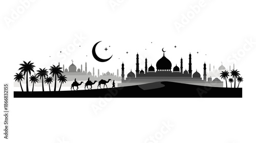 Magnificent Islamic City Skyline Eid Vibes Vector with Grand Mosque Minarets and Camels in Desert Night for Ramadan Kareem and Arab Culture Celebration Background Design
