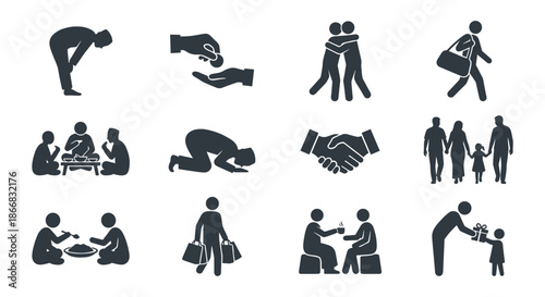 Silhouette icon set of muslim people doing Eid al Fitr activities including praying eating together hugging and giving charity for ramadan celebration vector design element