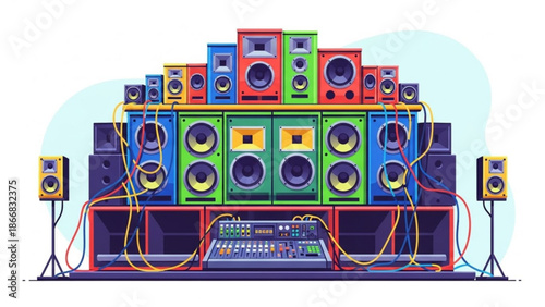A colorful illustration of a sound system with multiple speakers and a mixer