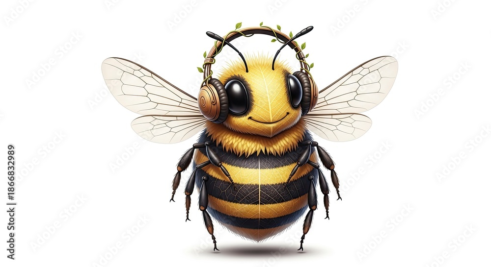 Fototapeta premium Adorable Cartoon Bee Wearing Headphones with Vines, Isolated on a White Background