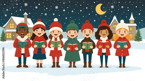 Diverse group of happy children caroling outdoors on a snowy winter night during the festive season