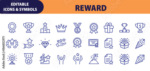A comprehensive set of outline reward and achievement icons for various recognition and success concepts