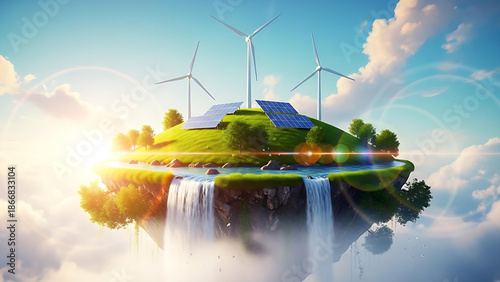 Floating Green Island with Wind Turbines and Solar Panels, Sustainable Energy Concept