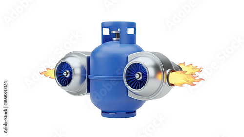 Blue gas cylinder with jet engines and flames