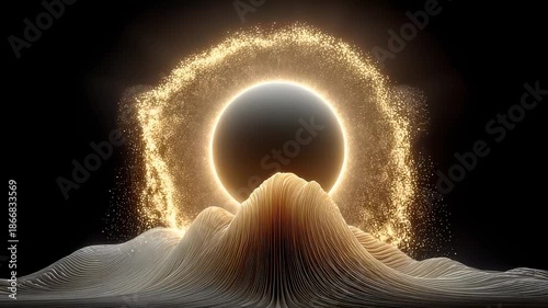 Abstract Black Gold Flowing Mountains and Golden Eclipse Halo