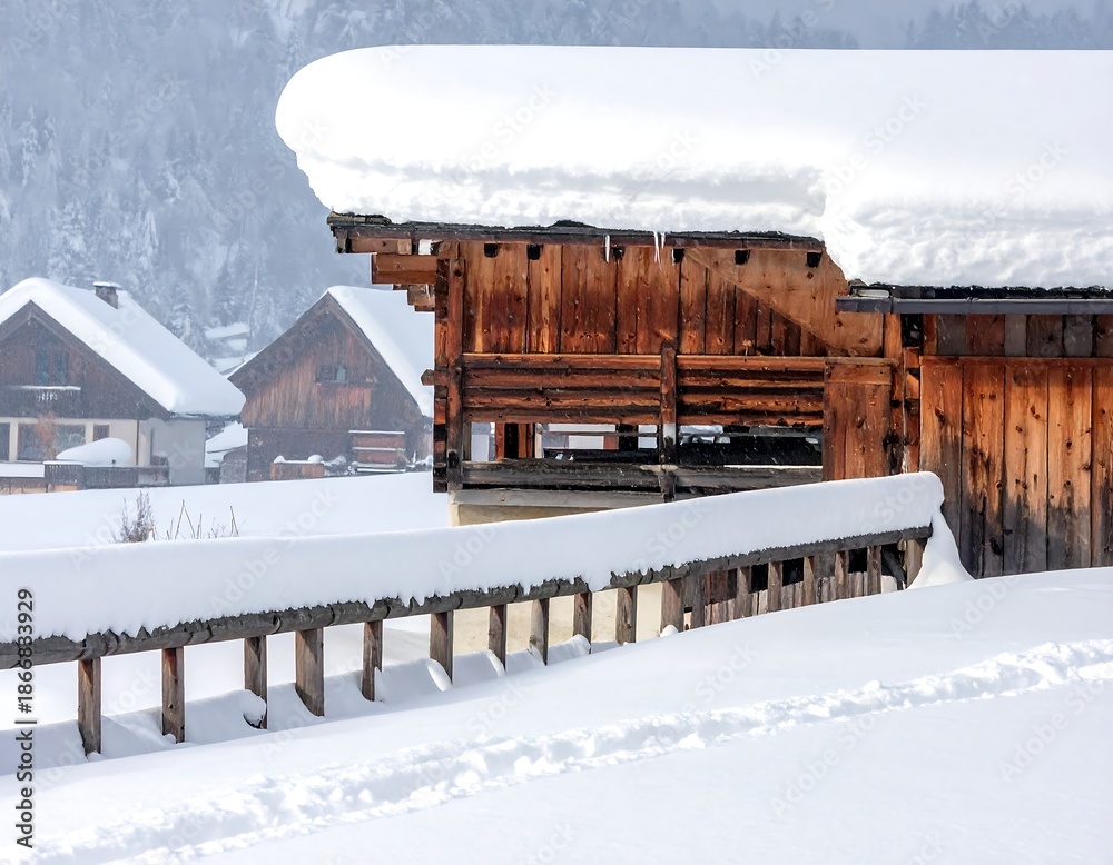 Naklejka premium Snow-covered wooden buildings in a serene winter landscape setting