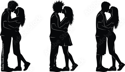 Romantic Kissing Couple Silhouettes Set Showing Love, Intimacy and Affection Poses Isolated on White Background for Valentine Design Use