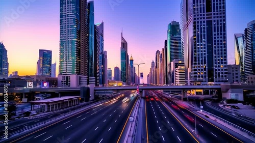 A modern city skyline with illuminated skyscrapers flanking a highway at sunset, light trails