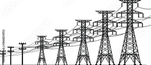 Electrical transmission towers and utility poles progression, power distribution infrastructure illustration, high voltage lines, energy grid system, electricity supply network vector art
