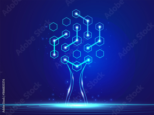 Futuristic Digital Tree of Artificial Intelligence hexagon Neural network lines future of technology Vector Design Concept for Neural Connections, Machine Learning, AI Technology, advanced technology.