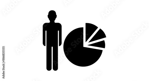 Black silhouette of a person standing next to a pie chart with sections on a white background representing data analysis and statistics