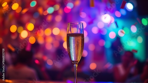 Celebratory moment with a champagne glass surrounded by colorful lights and festive confetti.