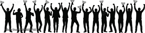 Silhouette of winning team holding trophies, group success celebration, business achievement concept, teamwork victory, leadership motivation, competition award, champions illustration