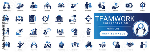 Teamwork solid icons featuring collaboration cooperation partnership community, unity business management organization team, and support help people group editable vector icons