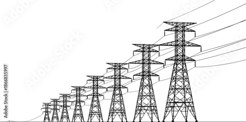 High voltage electricity transmission towers, power pylons with cables, energy infrastructure illustration, industrial landscape vector art, renewable grid system design