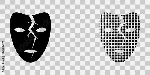 Broken theater mask and halftone mask on transparent background