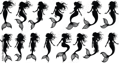 Collection of mermaid silhouettes, mythical ocean creatures with long hair, swimming sirens, sea maiden figures, fantasy aquatic characters, and underwater goddesses.