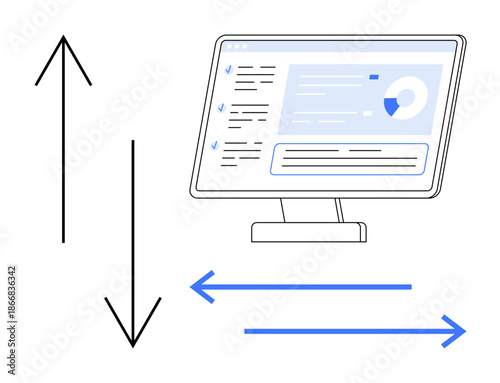 Data management, information flow, analytics, dashboard visualization, data synchronization, digital communication. Computer monitor with dashboard and directional arrows. Data management