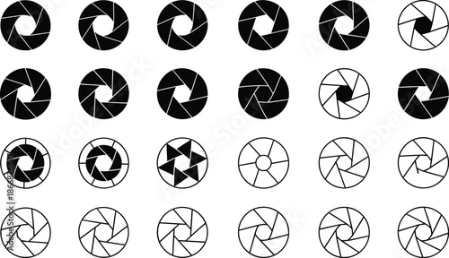 Set of camera aperture icons, lens shutter silhouettes, photography focal point symbols, digital iris diaphragm elements, optic shutter speed signs,