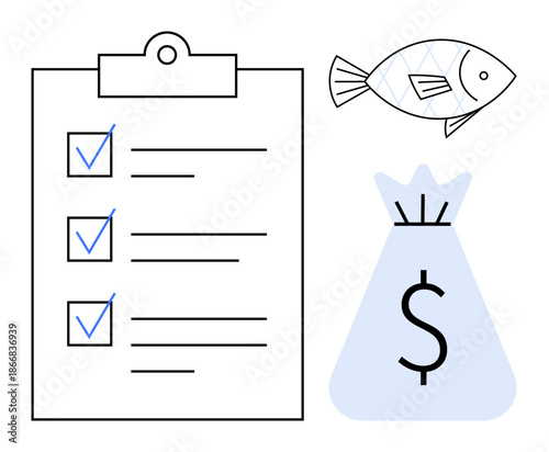 Checklist with completed tasks, fish outline, and money bag icon symbolizing goal setting, financial planning, trade, sustainability, budgeting, productivity, and economic concepts