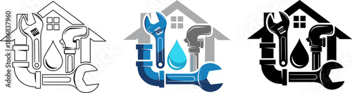 Plumbing and home repair service logo set with wrench, pipe and water drop.