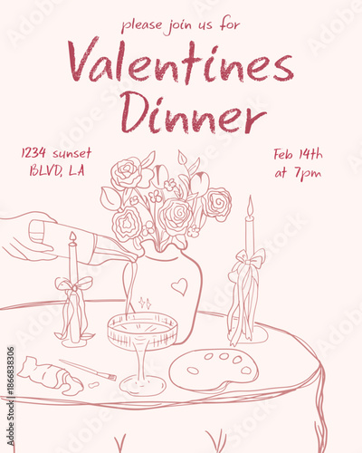 Elegant Valentine’s dinner invitation template with hand-drawn table setting, flowers and candles. Minimal romantic line art design, perfect for Valentine’s Day party, restaurant events, romantic dinn
