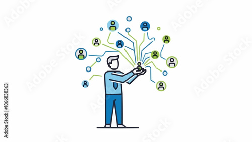 Man connecting people in a network diagram illustration.