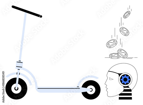 Transportation, innovation, earnings, economic growth, technology, energy efficiency. Electric scooter beside coins falling into a head with a gear. Innovation and earnings concept