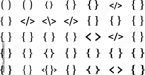 Set of programming code symbols, curly brackets, parentheses, angle braces, forward slashes, developer software icons, syntax elements for web design, vector,
