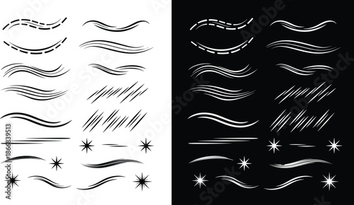 Set of wind motion lines, speed swoosh decorative elements, wavy airflow symbols, dynamic brush strokes, fast movement curves, and starburst sparkles,