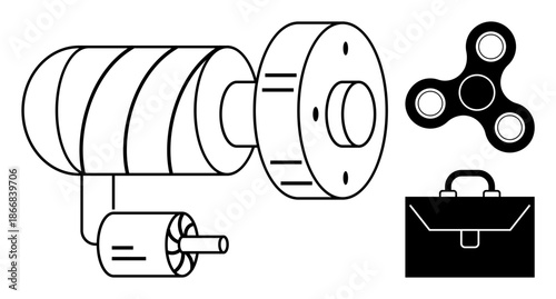 Engineering, tools, mechanics, productivity, business, innovation. A motorized device, a fidget spinner and a briefcase icon. Engineering and tools concept conveying innovation and productivity