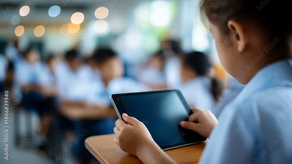Fototapeta premium A young student focuses on a tablet amid lively classmates in a dynamic learning environment Generative AI