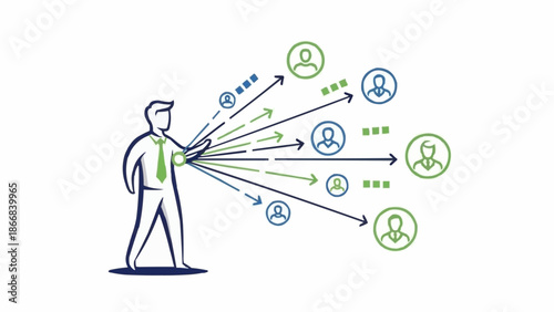 Businessman connecting with diverse people through arrows and icons.