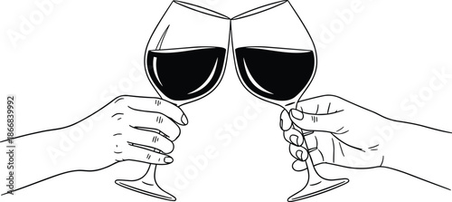 Vector illustration of two hands clinking wine glasses in toast,Vector illustration of two hands clinking wine glasses in toast,