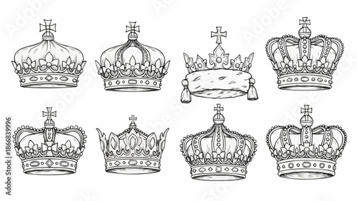 Collection of ornate royal crowns in black and white sketch style.