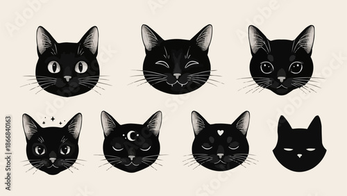 Collection of Black Cat Faces with Mystical Symbols.