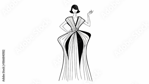 Elegant Woman in a Dramatic Black and White Fashion Dress Illustration.