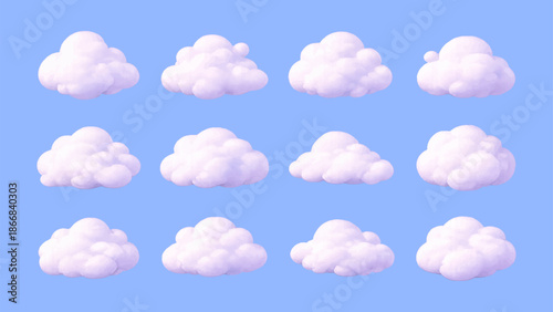 collection of realistic 3D white clouds, featuring fluffy cumulus shapes floating in a bright blue sky. Isolated cloud elements for summer, weather, and nature-themed designs.