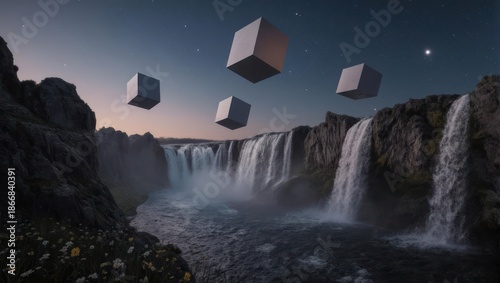 Surreal Waterfall Landscape with Floating Cubes and Night Sky.