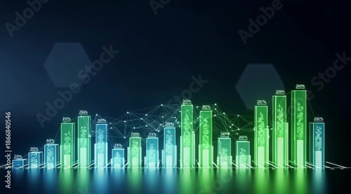 Digital graph with green and blue bars on dark background.