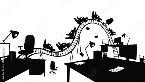 Office chaos and stress depicted as a wild roller coaster ride through desks and chairs.