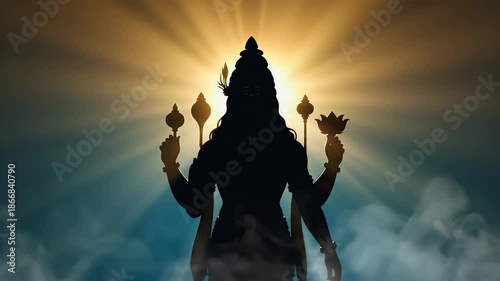 Lord Vishnu devotional wallpaper with serene silhouette, soft light beams, gentle mist