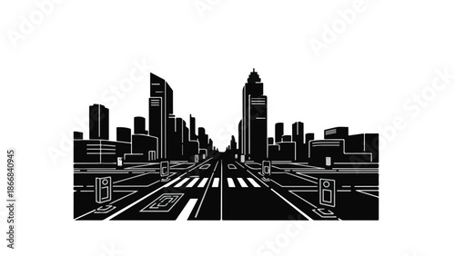 Sleek graphic illustration of a modern city street disappearing into the distance, conveying progress and urban life.