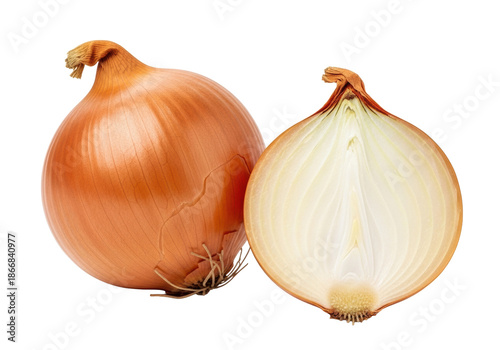 Wallpaper Mural A whole unpeeled brown onion with textured skin next to its bisected half showing translucent layers and rootlets, isolated on a transparent background, concept of natural freshness Torontodigital.ca