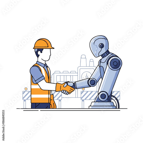 A worker in an orange hard hat and safety vest shaking hands with a robot in a factory setting with a gray and orange color scheme.